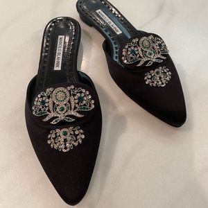 Manolo Blahnik Black Satin Jewel Flat Mules